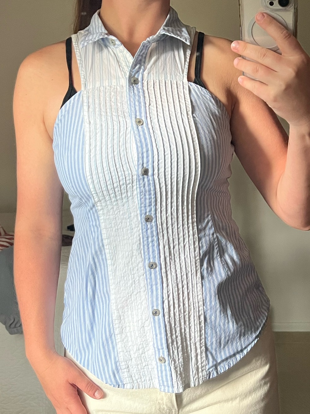 Maeve Blue & White Pinstripe Sleeveless Pleated Button Shirt